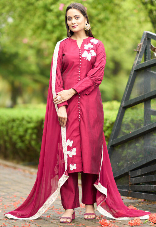 Hand Embroidered Art Silk Pakistani Suit in Pink