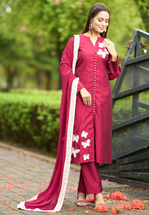 Hand Embroidered Art Silk Pakistani Suit in Pink