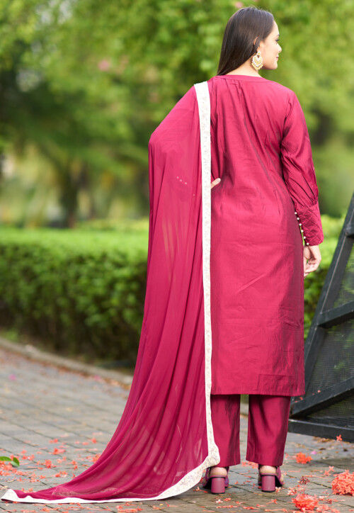 Hand Embroidered Art Silk Pakistani Suit in Pink
