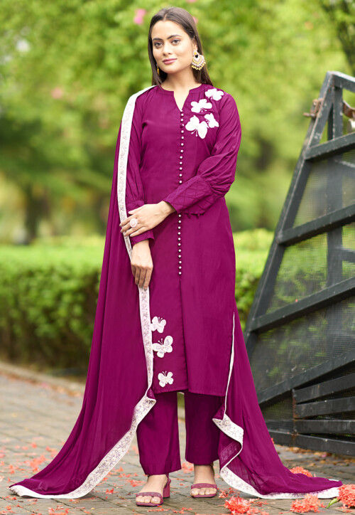 Hand Embroidered Art Silk Pakistani Suit in Purple