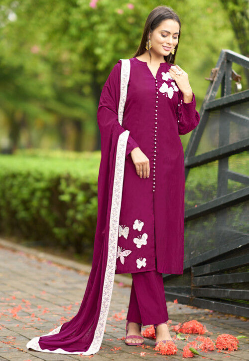 Hand Embroidered Art Silk Pakistani Suit in Purple