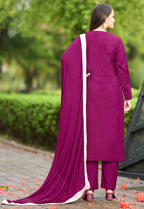 Hand Embroidered Art Silk Pakistani Suit in Purple