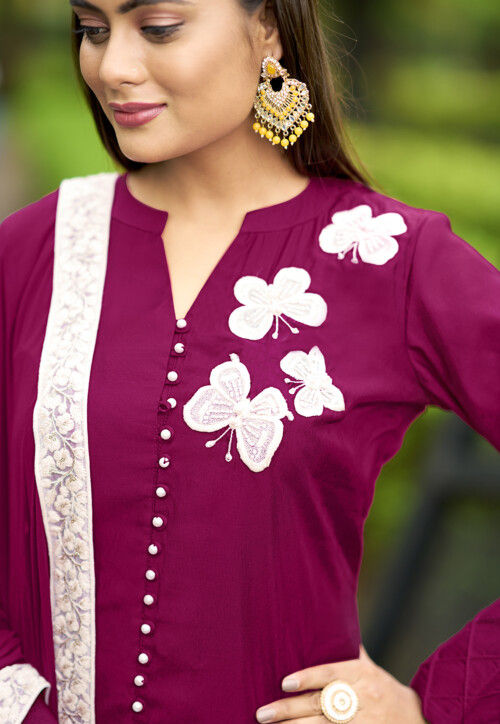 Hand Embroidered Art Silk Pakistani Suit in Purple