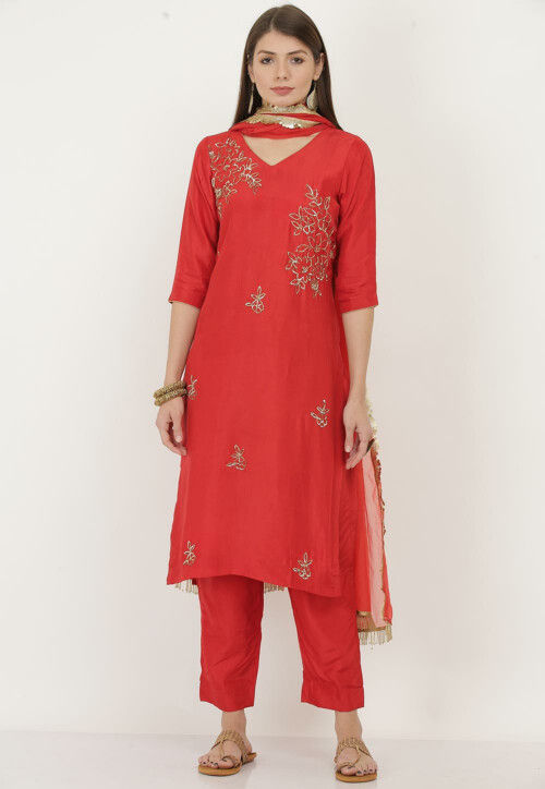Hand Embroidered Art Silk Pakistani Suit in Red