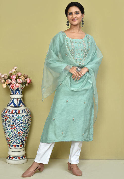 Hand Embroidered Art Silk Pakistani Suit in Sea Green