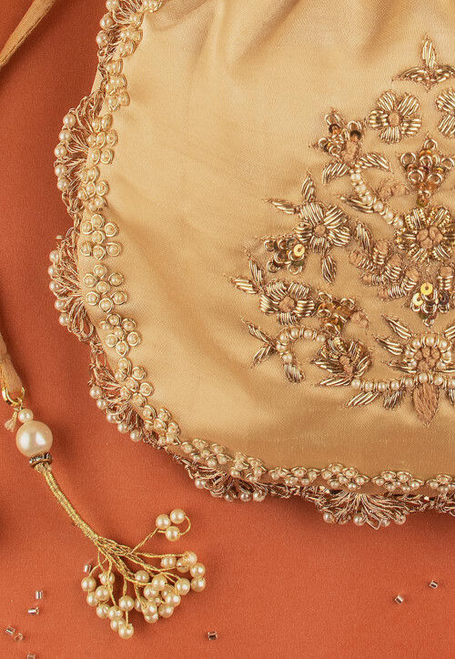 Hand Embroidered Art Silk Potli Bag in Beige