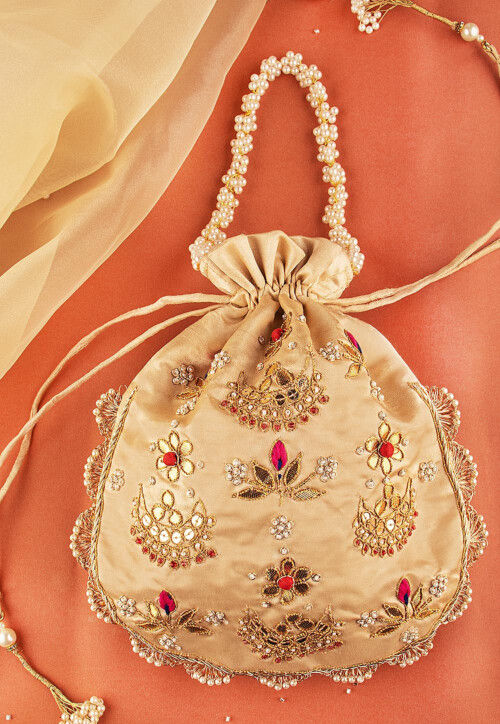 Hand Embroidered Art Silk Potli Bag in Beige