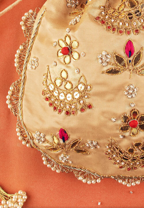 Hand Embroidered Art Silk Potli Bag in Beige