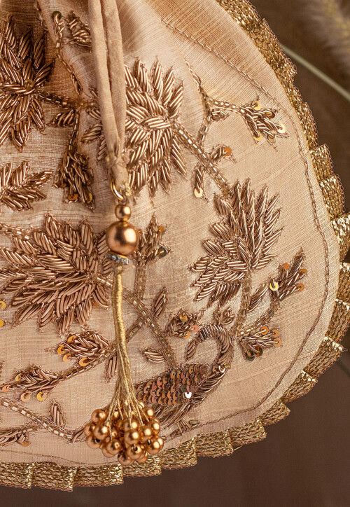 Hand Embroidered Art Silk Potli Bag in Beige