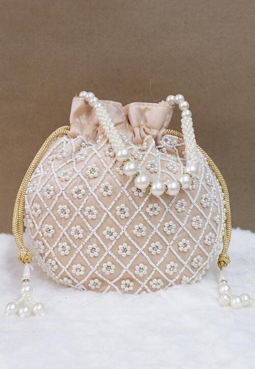 Buy Hand Embroidered Art Silk Potli Bag in Light Beige Online