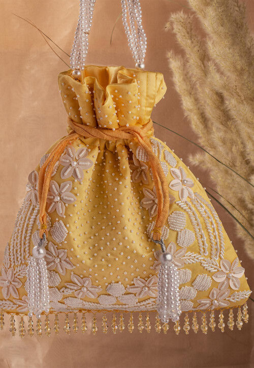 Hand Embroidered Art Silk Potli Bag in Mustard