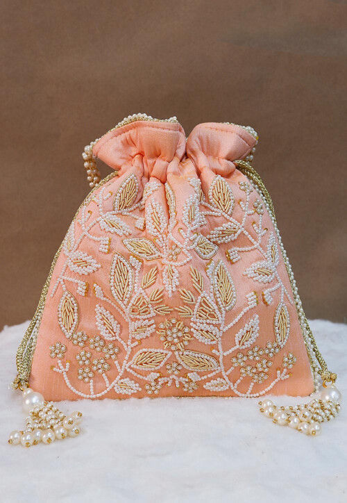 Hand Embroidered Art Silk Potli Bag in Peach