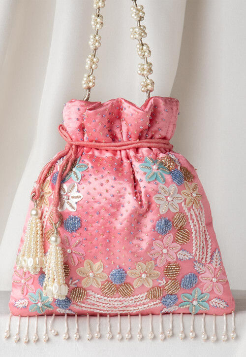 Hand Embroidered Art Silk Potli Bag in Pink