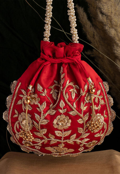 Hand Embroidered Art Silk Potli Bag in Red