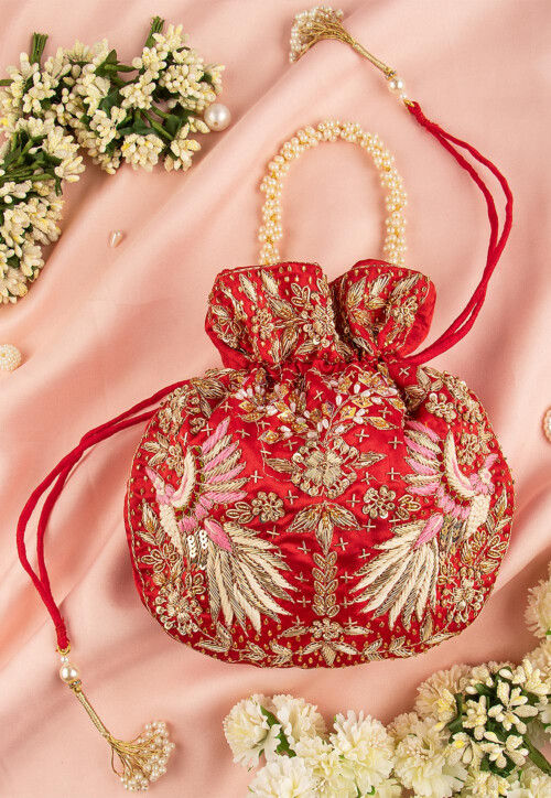 Hand Embroidered Art Silk Potli Bag in Red