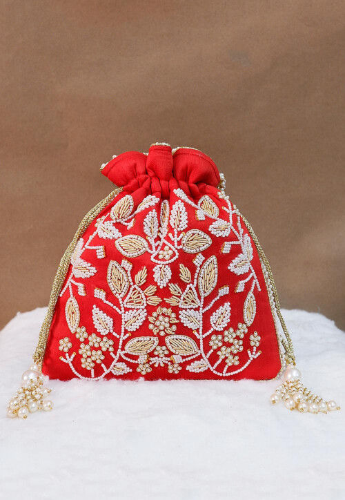 Hand Embroidered Art Silk Potli Bag in Red