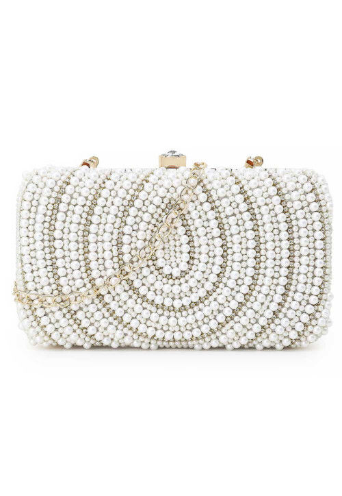 Hand Embroidered Art Silk Rectangular Clutch Bag in Off White