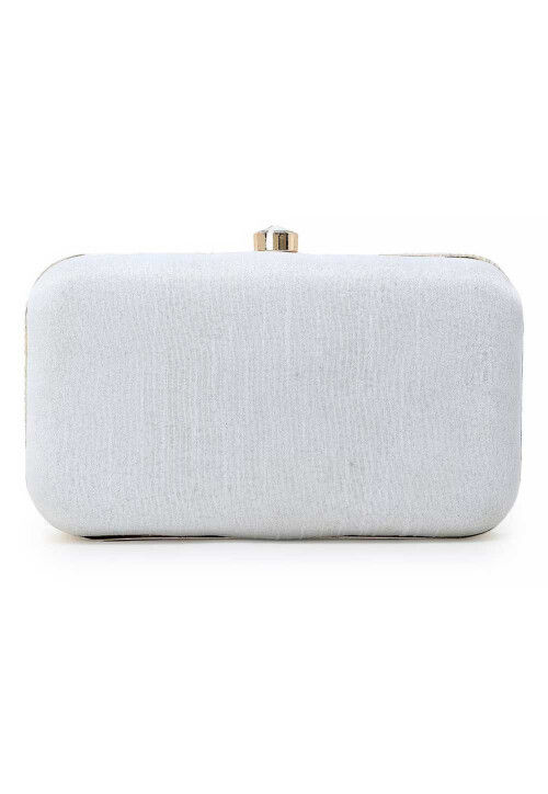 Hand Embroidered Art Silk Rectangular Clutch Bag in Off White