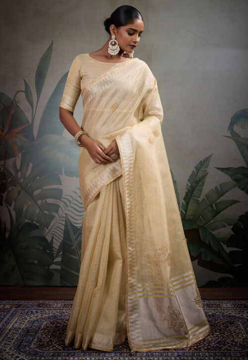 Hand Embroidered Art Silk Saree in Beige