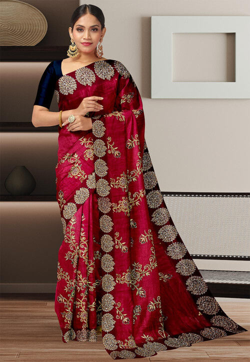 Hand Embroidered Art Silk Saree in Maroon