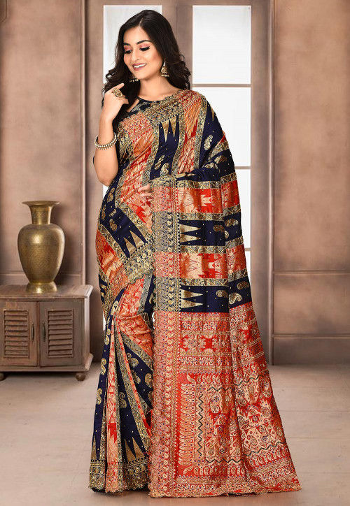Hand Embroidered Art Silk Saree in Navy Blue