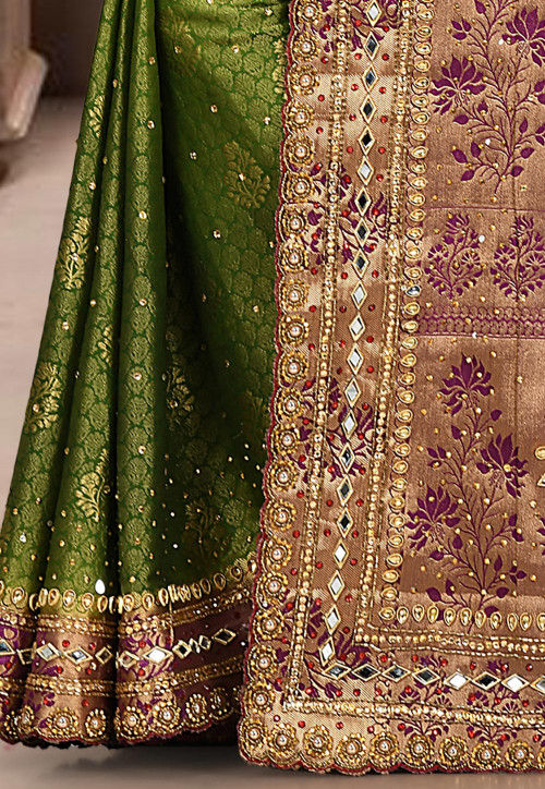 Hand Embroidered Art Silk Saree in Olive Green