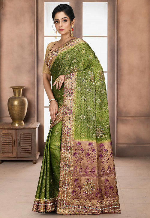 Hand Embroidered Art Silk Saree in Olive Green