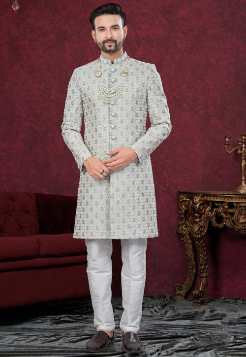 Hand Embroidered Art Silk Sherwani in Grey