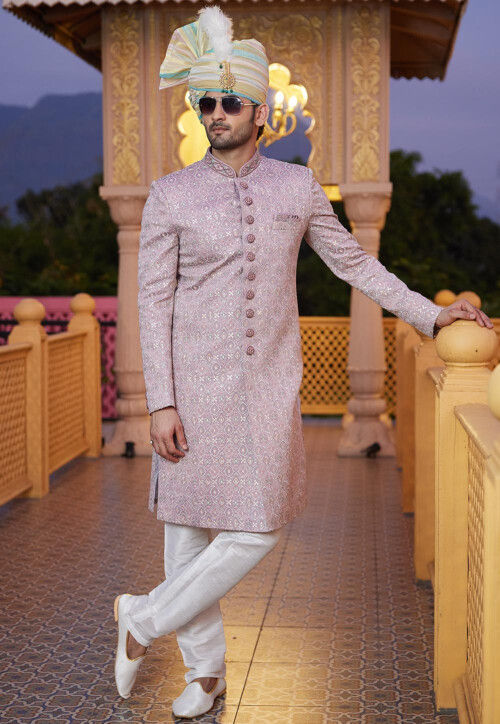 Hand Embroidered Art Silk Sherwani in Light Purple