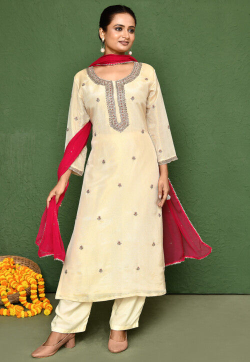 Hand Embroidered Art Silk Shimmer Pakistani Suit in Cream