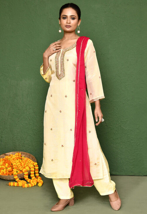 Hand Embroidered Art Silk Shimmer Pakistani Suit in Cream