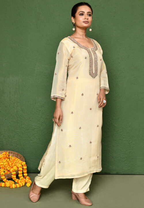 Hand Embroidered Art Silk Shimmer Pakistani Suit in Cream