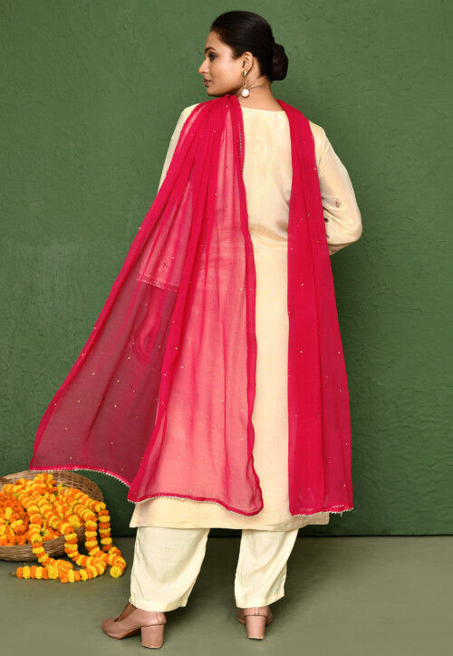 Hand Embroidered Art Silk Shimmer Pakistani Suit in Cream