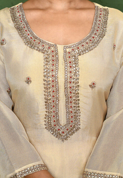 Hand Embroidered Art Silk Shimmer Pakistani Suit in Cream