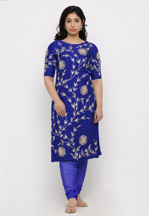 Hand Embroidered Art Silk Straight Kurta in Royal Blue