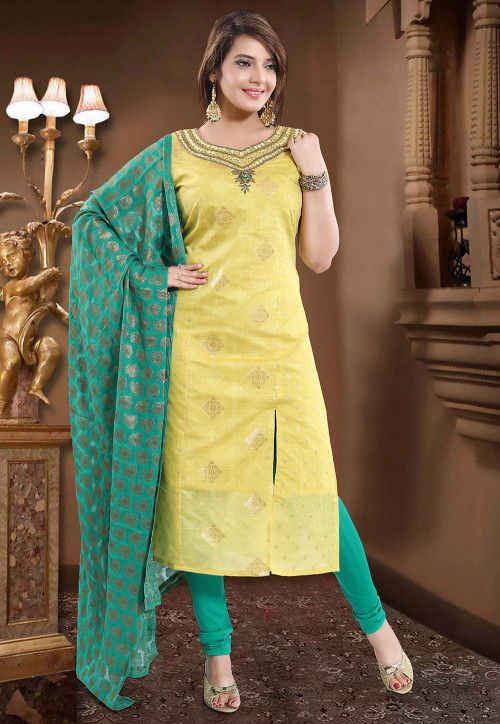 Buy Hand Embroidered Art Silk Straight Suit in Light Yellow Online ...