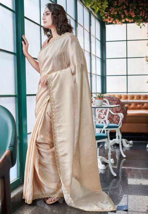 Beige Tissue Silk Border Embroidered Saree With Banarsi Woven Readymade Blouse