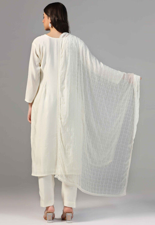 Buy Hand Embroidered Chanderi Cotton Pakistani Suit in Cream Online ...