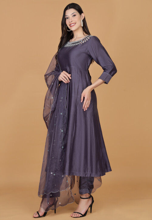 Hand Embroidered Chanderi Silk Anarkali Suit in Purple