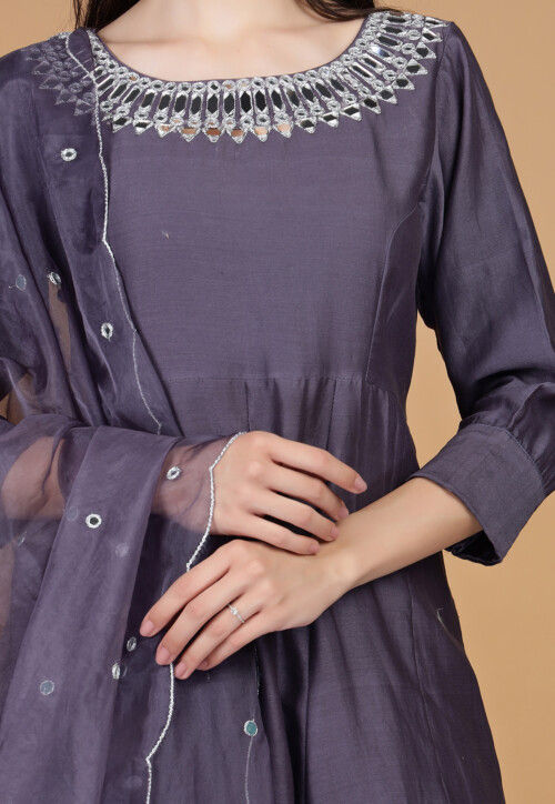 Hand Embroidered Chanderi Silk Anarkali Suit in Purple