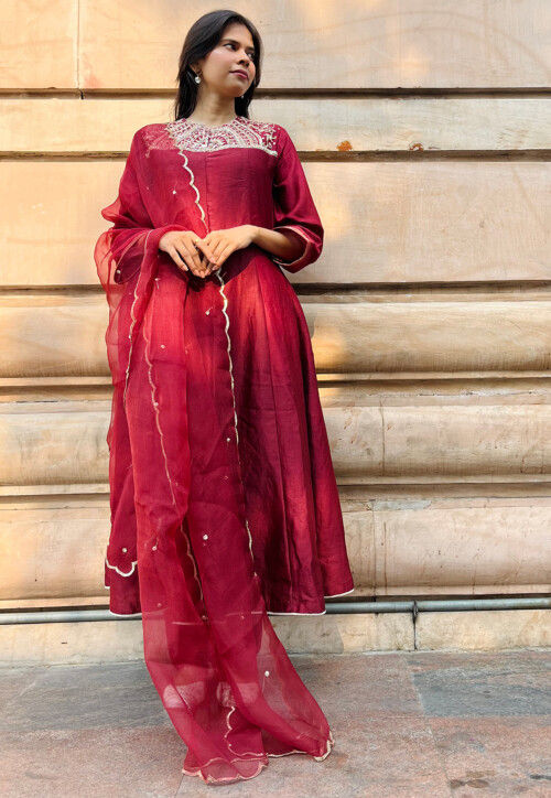 Hand Embroidered Chanderi Silk Anarkali Suit in Red