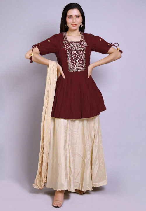 Hand Embroidered Chanderi Silk Lehenga in Maroon