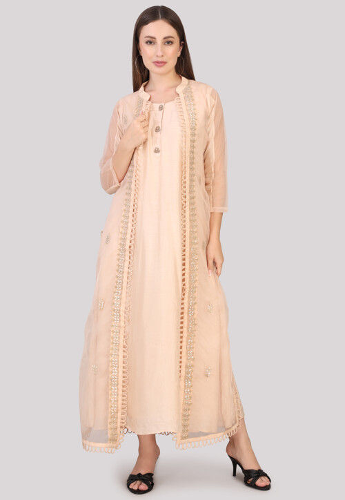 Hand Embroidered Chanderi Silk Long Kurta Set in Light Peach
