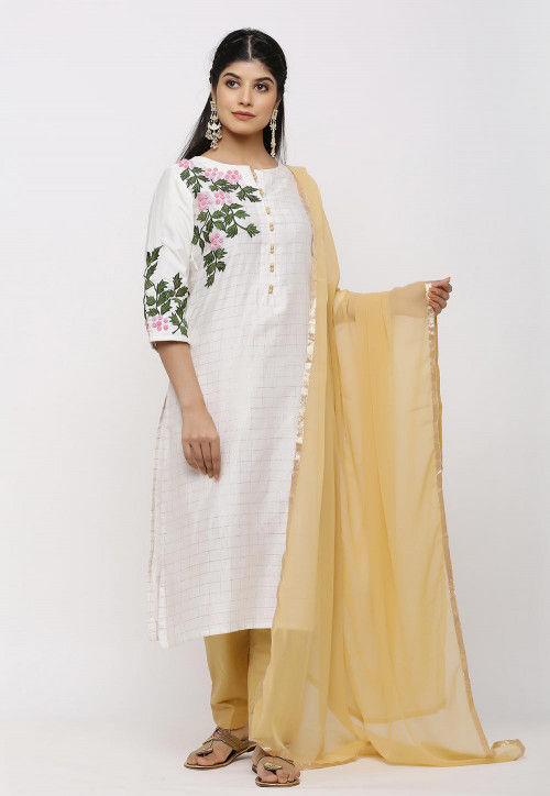 Hand Embroidered Chanderi Silk Pakistani Suit in Off White