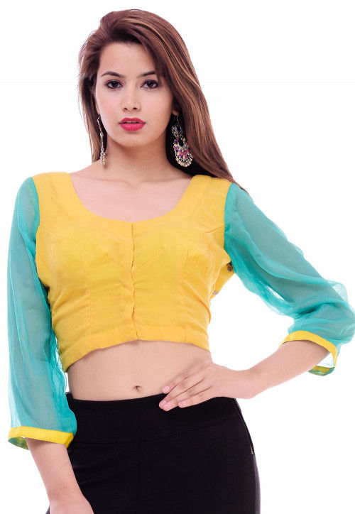 Hand Embroidered Chiffon Blouse in Yellow and Turquoise