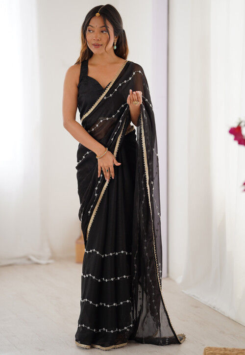 Hand Embroidered Chiffon Saree in Black
