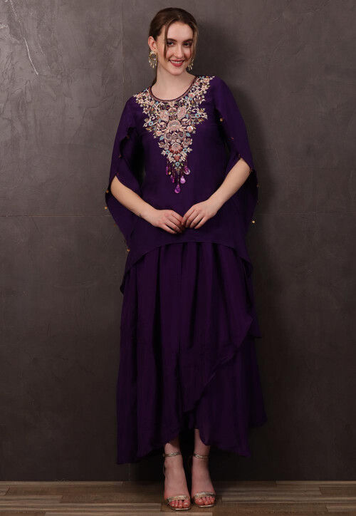 Hand Embroidered Chinon Chiffon Asymmetric Tunic Set in Purple