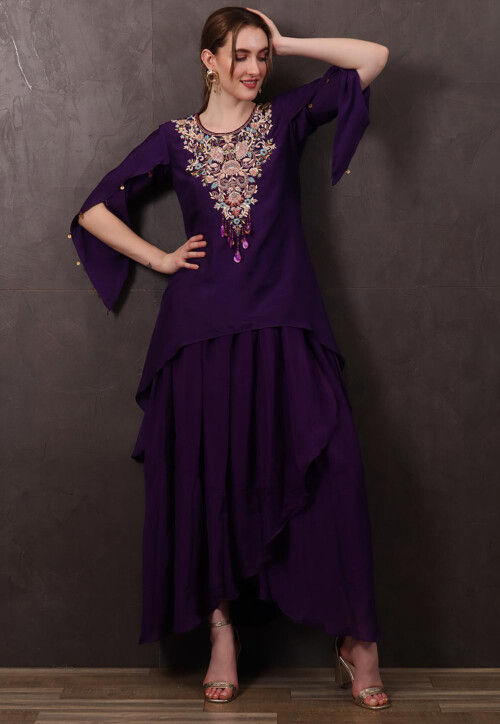 Hand Embroidered Chinon Chiffon Asymmetric Tunic Set in Purple