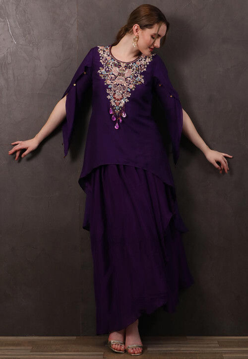 Hand Embroidered Chinon Chiffon Asymmetric Tunic Set in Purple