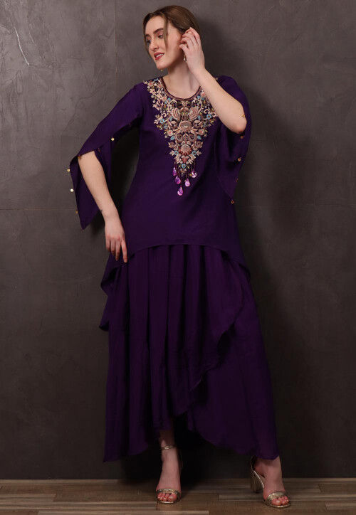 Hand Embroidered Chinon Chiffon Asymmetric Tunic Set in Purple